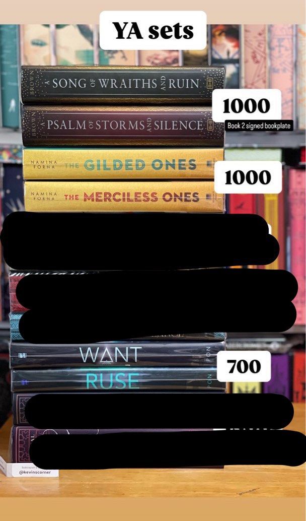 YA books for sale (Category: Storybooks) located in Makati City. Submitted by kevinscorner (Listing ID 1364434552, Image 1). Description: Selling some of my Young Adult books and sets YA set (all hardcover) A Song of Wraiths and Ruin 1-2 - Roseanne A. Brown The Gilded Ones 1-2 - Namina Forna ❌The Merciful Crow 1-2 - Margaret Owen ❌Legacy of Orisha 1-2 - Tomo Adeyemi Want & Ruse - Cindy Pon ❌Sands of Arawiya 1-2 - Hafsah Faizal YA book sets Shatte