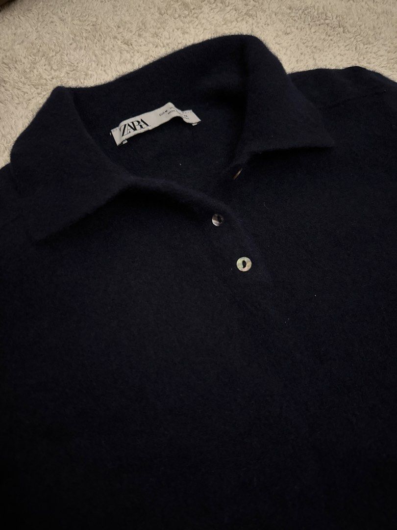 Zara knit top in navy blue (Category: Blouses) located in Mandaluyong City. Submitted by declutterstuff12 (Listing ID 1457112602, Image 2). Description: Used once. Runs small.