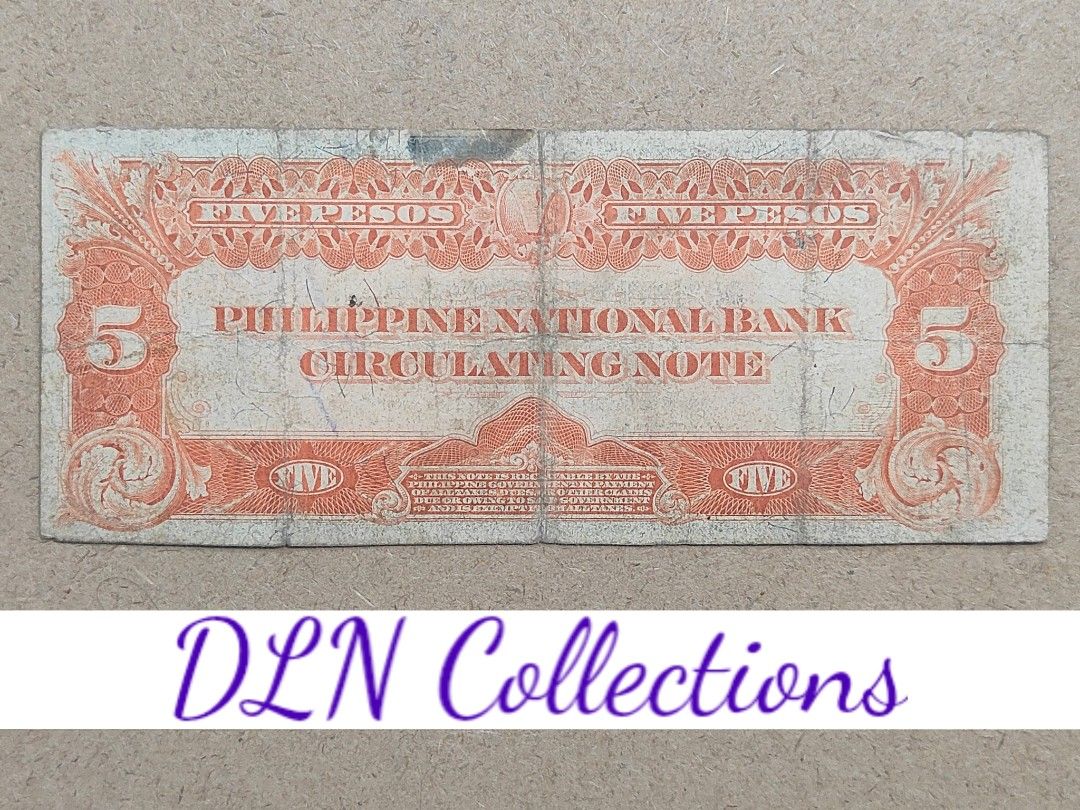 1916 PNB 5 Pesos Philippine Banknote (Category: Currency) located in Cavite. Submitted by dln_collections (Listing ID 1457241083, Image 2). Description: Authentic Philippine 5 Pesos 1916 issue, a rare piece from the American colonial era. This note carries immense historical value, representing the early 20th-century monetary system in the Philippines. While showing signs of circulation such as folds, creases, and pen marks, it remains a signific