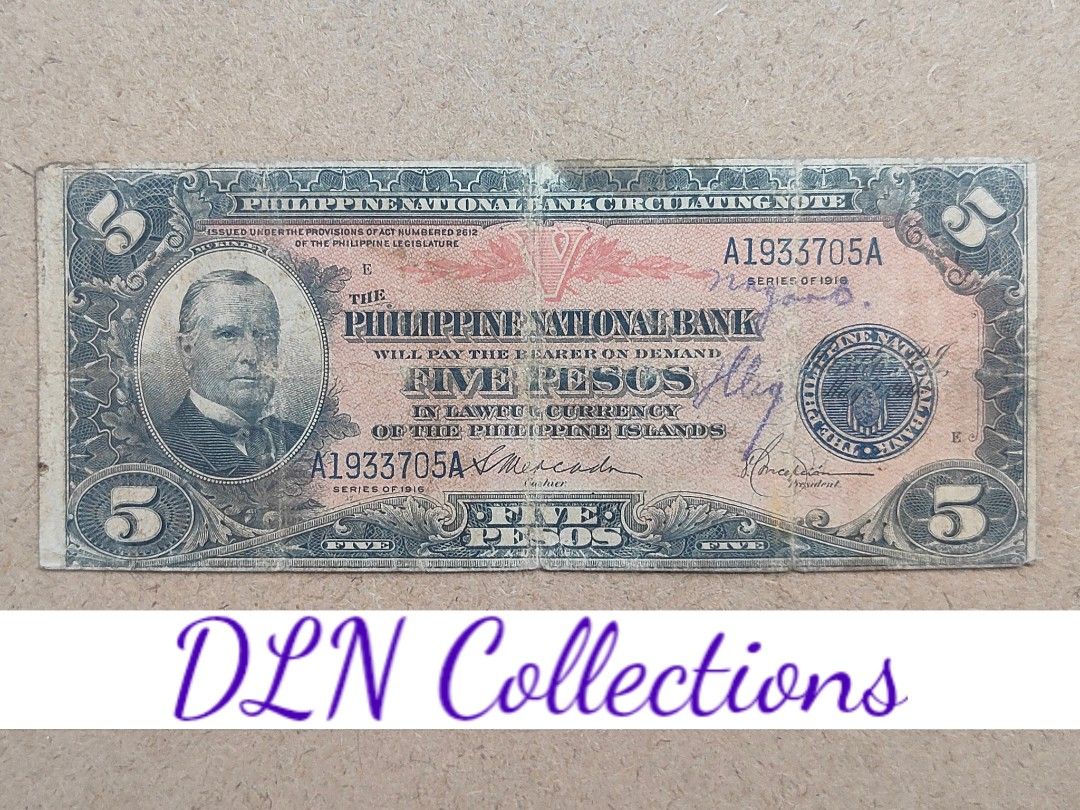 1916 PNB 5 Pesos Philippine Banknote (Category: Currency) located in Cavite. Submitted by dln_collections (Listing ID 1457241083, Image 1). Description: Authentic Philippine 5 Pesos 1916 issue, a rare piece from the American colonial era. This note carries immense historical value, representing the early 20th-century monetary system in the Philippines. While showing signs of circulation such as folds, creases, and pen marks, it remains a signific