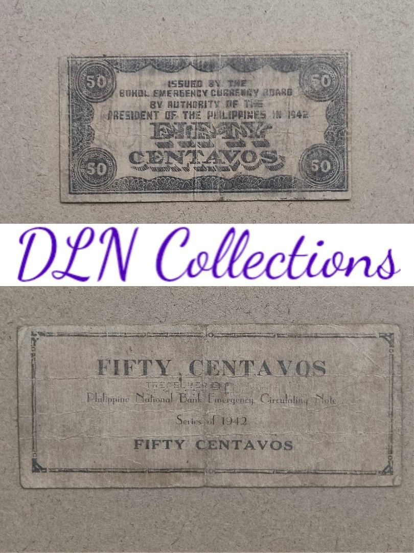 1942 Philippine 50 Centavos Emergency Notes - Bohol & Misamis Occidental (Category: Currency) located in Cavite. Submitted by dln_collections (Listing ID 1457243425, Image 2). Description: Pair of Philippine 50 Centavos Emergency Notes issued in 1942 during World War II, from the provinces of Bohol and Misamis Occidental. These notes were locally printed as emergency currency under Japanese occupation, making them highly collectible pieces of war