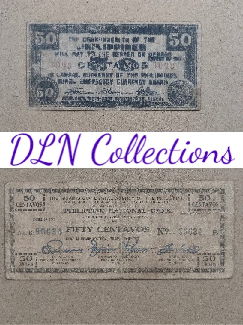 1942 Philippine 50 Centavos Emergency Notes - Bohol & Misamis Occidental (Category: Currency) located in Cavite. Submitted by dln_collections (Listing ID 1457243425, Image 1). Description: Pair of Philippine 50 Centavos Emergency Notes issued in 1942 during World War II, from the provinces of Bohol and Misamis Occidental. These notes were locally printed as emergency currency under Japanese occupation, making them highly collectible pieces of war