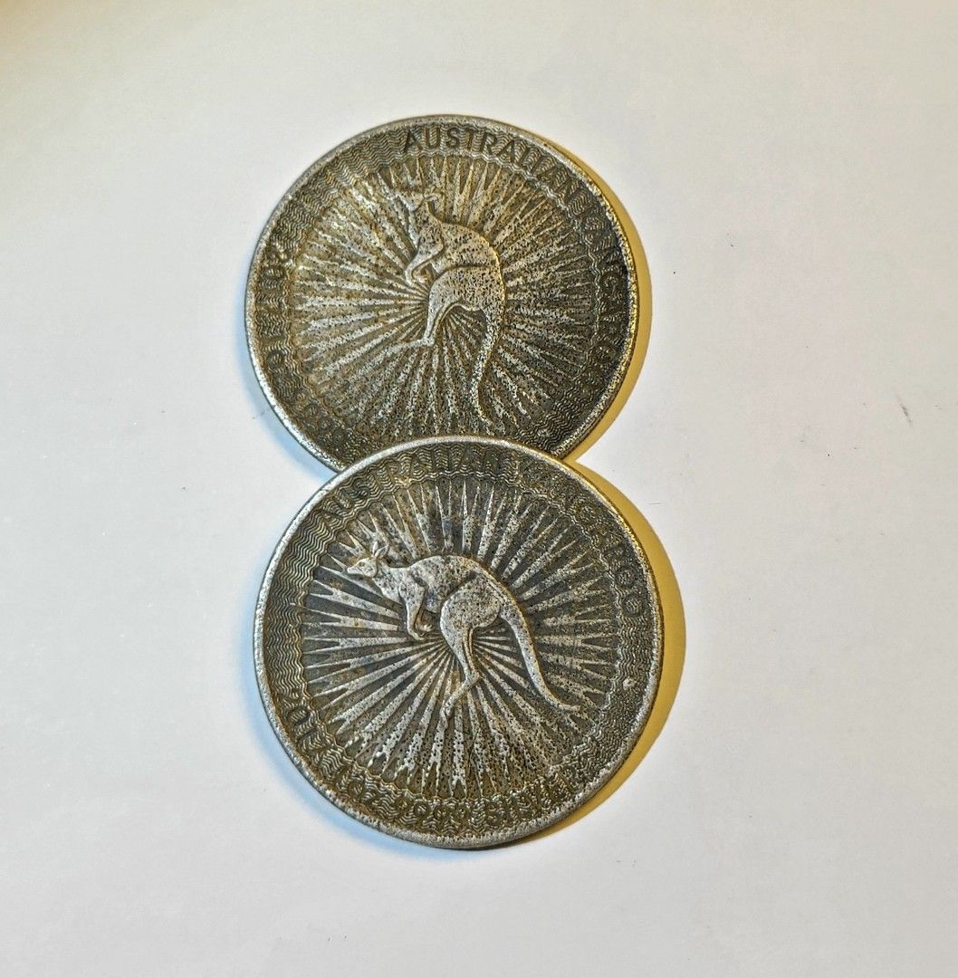 2 x Australian Silver Kangaroo Coins, Authentic 9999 silver (Category: Currency) located in Bocaue. Submitted by zoltanmagy29168 (Listing ID 1457147476, Image 2). Description: - Authentic Australian Coins - Features Queen Elizabeth II on one side - Kangaroo design on the reverse - Ideal for coin collectors - Weight 1: 30.55g - Weight 2: 30.17g -used to make colloidal silver with them, fair price, near to spot -price for two pieces not selling as 