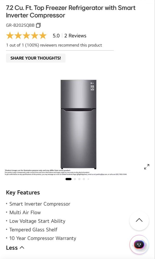 7.2 Cu. Ft. Top Freezer Refrigerator with Smart Inverter Compressor (Category: Refrigerators and Freezers) located in Manila. Submitted by ynzainn (Listing ID 1457220097, Image 1). Description: Original Price: 21,995 Selling Price: 15,000 (Negotiable).