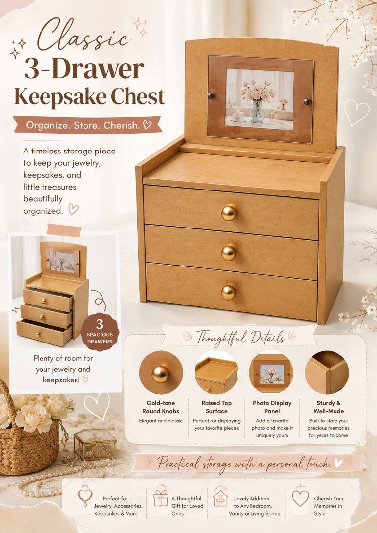 ✨ Classic 3-Drawer Keepsake & Jewelry Chest ✨ (Category: Accessory Holder, Box & Organizers) located in Binan City. Submitted by sakuratreasuresph (Listing ID 1457274893, Image 1). Description: ✨ Classic 3-Drawer Keepsake & Jewelry Chest ✨ A charming storage piece designed to keep your treasured accessories, jewelry, and little keepsakes beautifully organized. 🤎 🗝️ Warm wood-tone finish 🗝️ 3 spacious drawers for convenient storage 🗝️ Gold-ton
