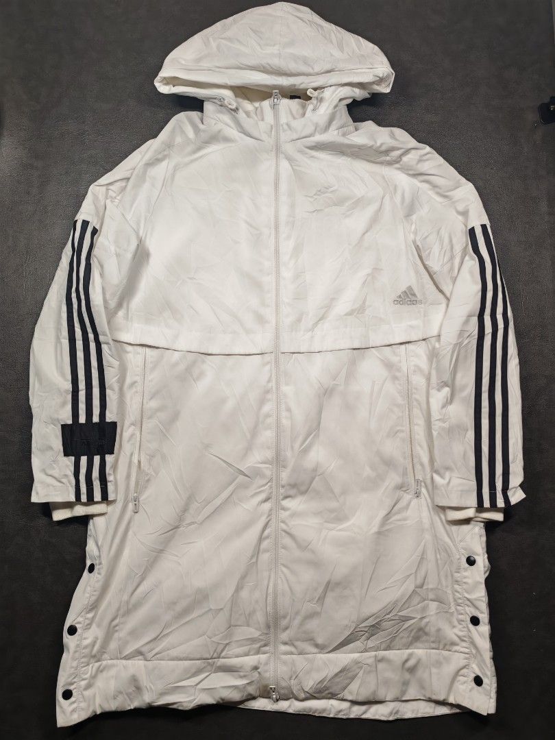Adidas White Long Coat Jacket (Category: Coats, Jackets and Outerwear) located in Kalibo. Submitted by relivethearchives (Listing ID 1457160277, Image 2). Description: Adidas White Long Coat Jacket in Excellent Condition Size Large on tag DIMES Width: 21 Length: 35 📍 Need Wash.