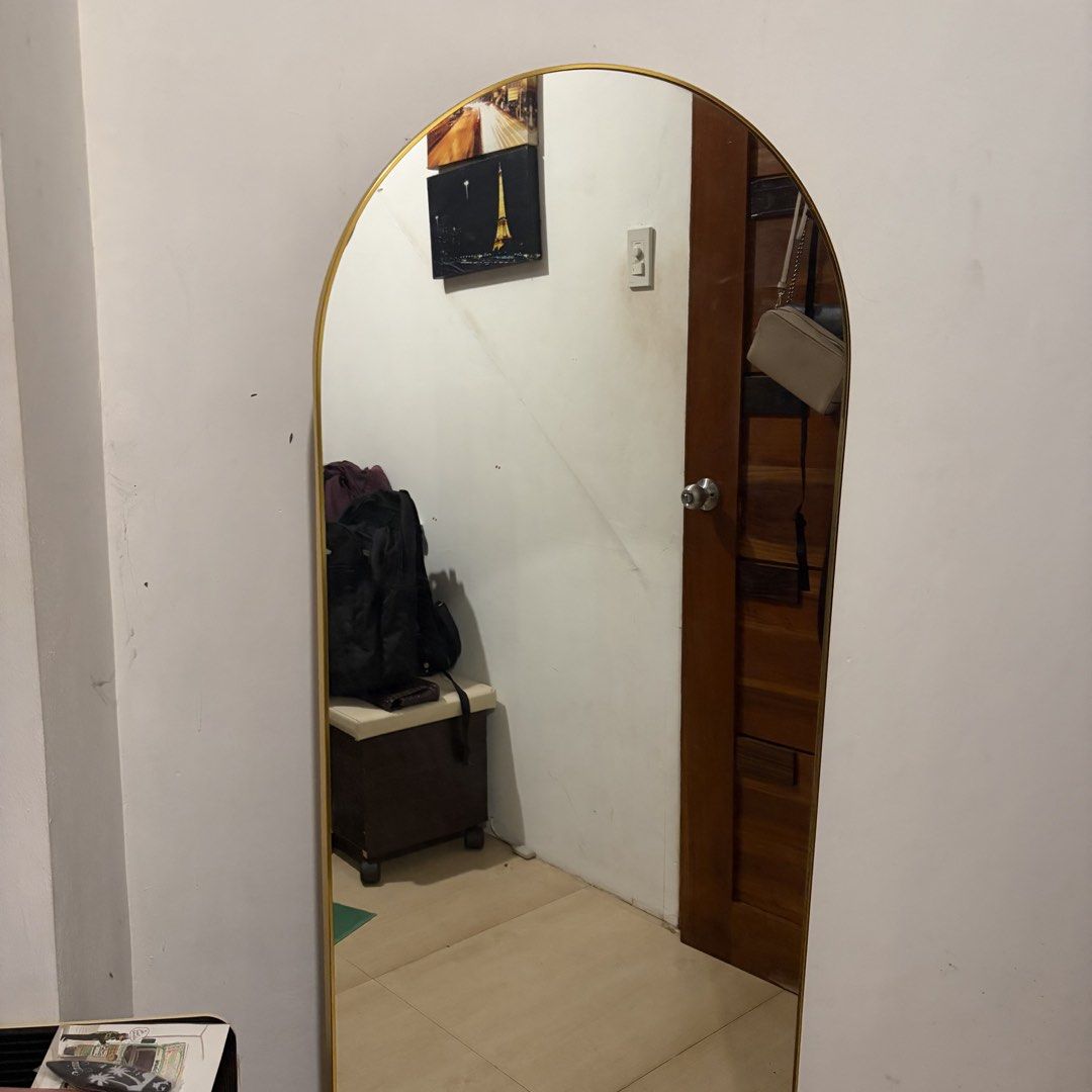 5x2 Arch Floor Mirror with Gold Frame (Category: Mirrors) located in Pasig City. Submitted by myclosettoyoursmnl (Listing ID 1457242829, Image 2). Description: - Full length arch mirror - Elegant gold metal frame - Sturdy wooden base - Tall and wide for full outfit checks - Easy to place against a wall - Ideal for bedrooms or living areas.