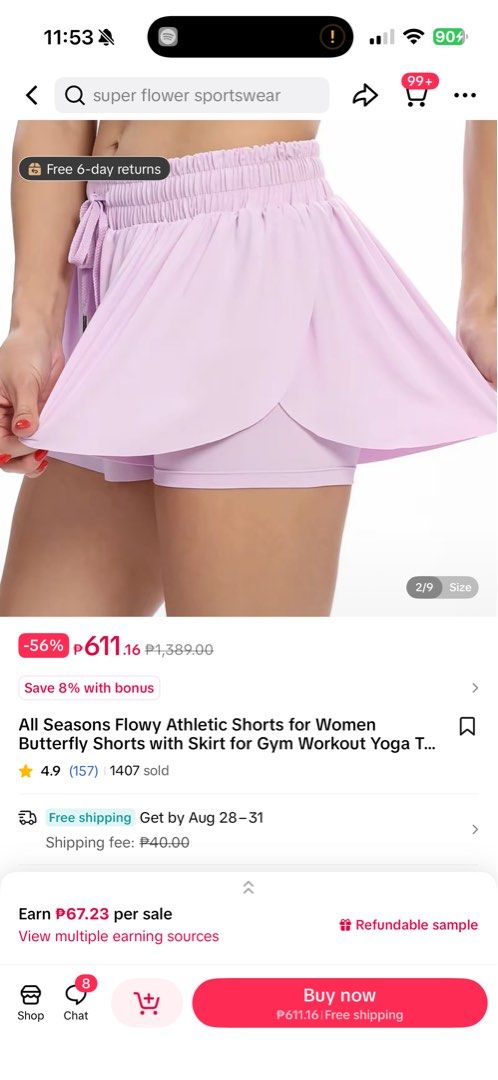 Athletic Flowy Shorts for women (Category: Shorts) located in Manila. Submitted by mralde3031 (Listing ID 1457302251, Image 3). Description: Used once. Thick fabric. Perfect for running/yoga/pickleball. Lavender color. With inside shorts + pockets.