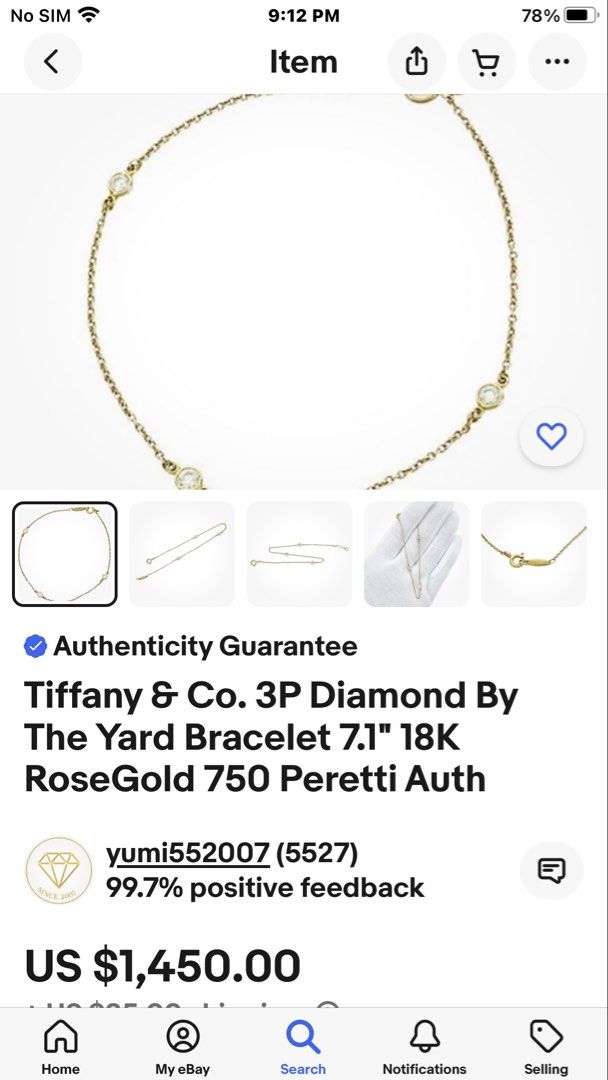 Auth T & Co peretti diamond by the yard 3p (Category: Bracelets) located in Muntinlupa City. Submitted by shoebizzness (Listing ID 1457221120, Image 1). Description: Auth Tiffany peretti Diamond by the yard 3 diamonds Retail : 162,000 Yg 7 inches Cleaned at Tiffany Meet up Alabang .