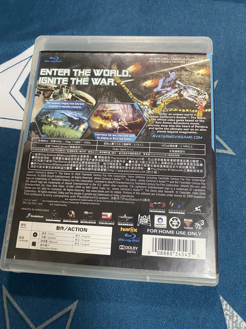 Avatar the game ps3 （分類：PlayStation）位於 Hong Kong。 由 gtrscaneve 提交（商品編號 1457221530，圖片 2）。簡介： Hey there! Up for grabs is the awesome "Avatar: The Game" for PlayStation 3. Dive into the epic world of Pandora and experience the story from both sides - as a Na'vi warrior or a human soldier. This is the original Blu-ray disc version, ready to bring the action to your PS3. Perfect for fans of the movie and action-adventure games!。