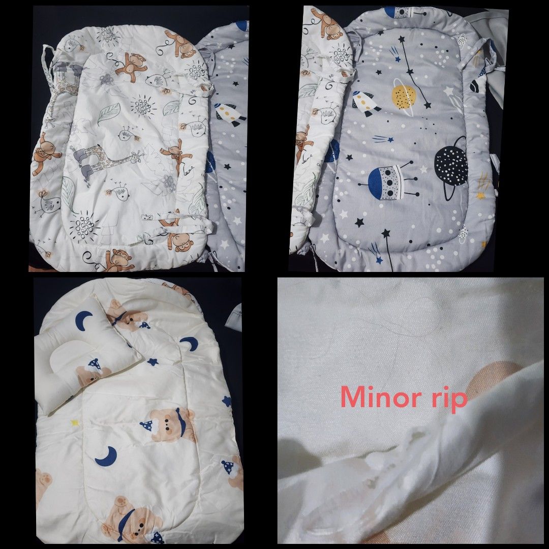 Baby Comforter (Take all 3) (Category: Cots & Cribs) located in Paranaque City. Submitted by frugalcloset (Listing ID 1457205906, Image 1). Description: - Includes 3 pcs comforter with 1 baby pillow - Cover 1: Cute monkey and giraffe print. - Cover 2: Fun space theme with rockets and planets. - Cover 3: Sweet bear and moon design. - Please note: There is a minor rip on one of the covers, as shown in the last photo..