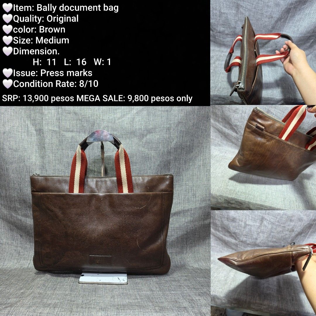 Bally Brown Leather Document Bag - Medium (Category: Briefcases) located in Manila. Submitted by almonddy26 (Listing ID 1457317127, Image 1). Description: - Authentic Bally Document Bag - Color: Brown - Size: Medium - Dimensions: H: 11", L: 16", W: 1" - Condition: 8/10 (minor press marks) - Original Price: P13,900 - Mega Sale Price: P9,800 only!.