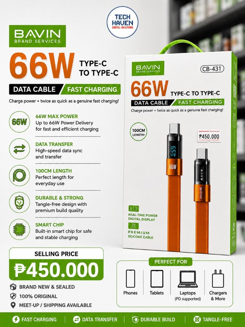 BAVIN 66W Type-C to Type-C Fast Charging Data Cable (Category: Chargers & Cables) located in Quezon City. Submitted by emem_00 (Listing ID 1457227790, Image 1). Description: - BAVIN 66W Type-C to Type-C Data Cable - Supports up to 66W Fast Charging - High-Speed Data Transfer - 100cm (1 meter) Length - Durable and Tangle-Free Design - Built-in Smart Chip for Safe Charging - Real-Time Digital Power Display - PD Compatible for Phones, Tablets, and L