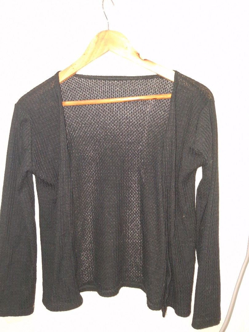 Black Long Sleeve Mesh Cardigan (Category: Coats, Jackets and Outerwear) located in Manila. Submitted by kxkcx (Listing ID 1457231873, Image 1). Description: - Black long sleeve cardigan - Features a stylish mesh panel across the chest and back - Sleeves and lower body have a textured waffle knit - Ideal for layering and versatile styling with various outfits.