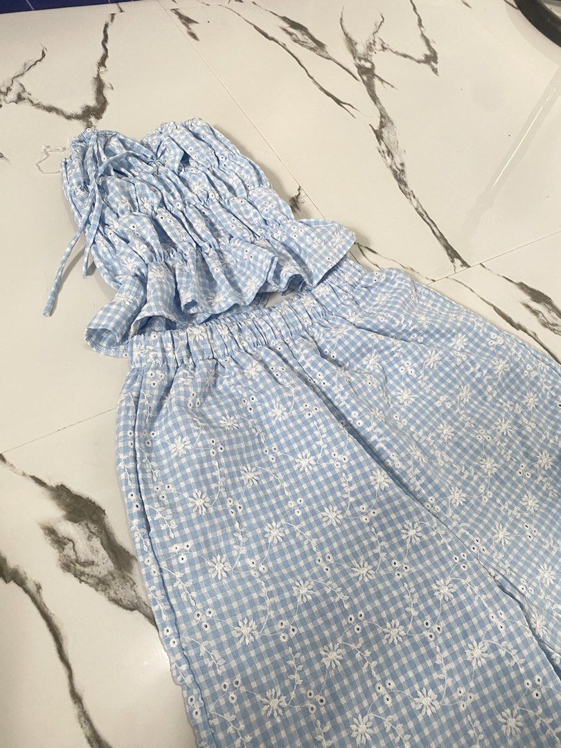 Blue Gingham Eyelet Crop Top and Pants Set (Category: Sets or Coordinates) located in Manila. Submitted by louvmae (Listing ID 1457165996, Image 1). Description: 📌Condition: worn 1 time/ Gently used 📌Reason for selling: Decluttering/ not my style anymore 📌Price:PHP400 📌Location-Sariaya Quezon 📌Shipping:buyer’s shoulder ✨ Please note: • Photos are taken by me what you see is what you’ll receive. • Minor signs of use will be mentioned honestly