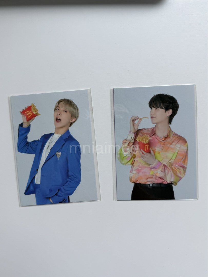 BTS X McDo PC Sealed - J-Hope & Suga Set (Category: K-Wave Merchandise) located in Caloocan City. Submitted by aimee_ssi (Listing ID 1457273360, Image 1). Description: - Set of 2 BTS photocards (600php as set) - J-Hope and Suga - From the McDonald's collaboration.