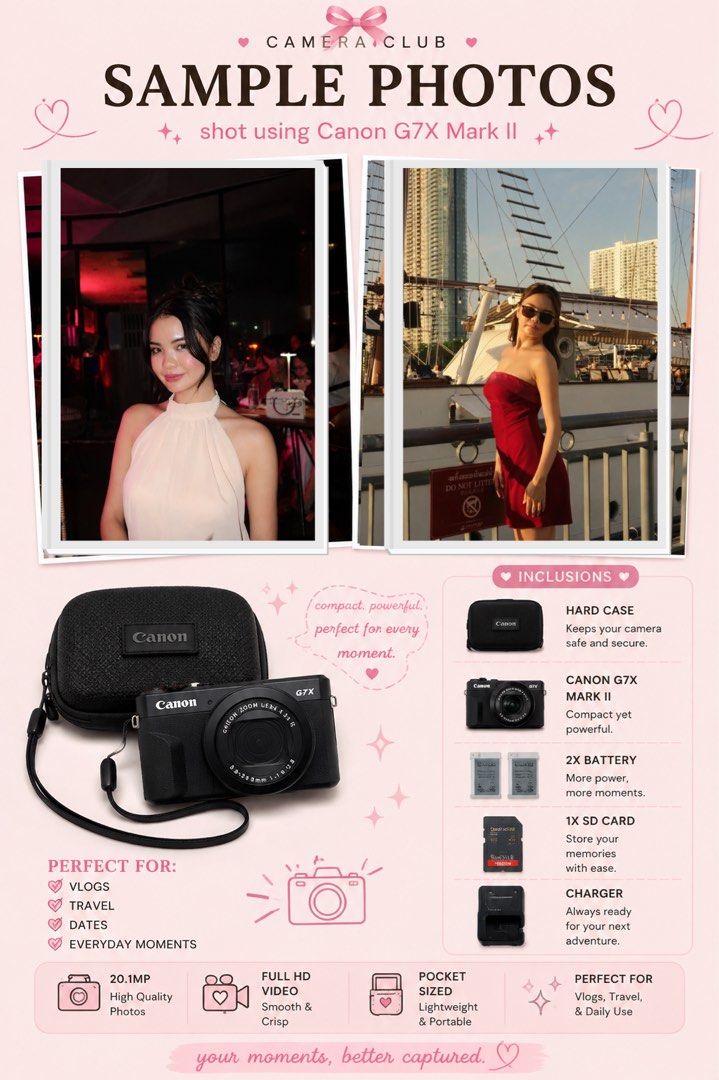 Canon G7X Mark II FOR RENT (Category: Cameras) located in Manila. Submitted by sonnyyana (Listing ID 1457326176, Image 1). Description: - Canon G7X Mark II camera - Compact and powerful, ideal for vlogs, travel, and everyday moments - Captures high-quality photos and Full HD video - Includes: hard case, 2 extra batteries, SD card, and charger - Always ready for your next adventure.