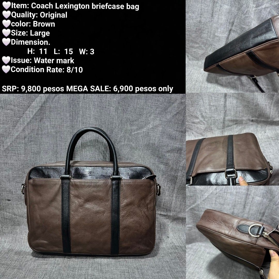 Coach Lexington Briefcase Bag - Brown, Large (Category: Briefcases) located in Manila. Submitted by almonddy26 (Listing ID 1457305416, Image 1). Description: - Original Coach Lexington Briefcase - Color: Brown - Size: Large - Dimensions: H: 11, L: 15, W: 3 - Condition: Good (8/10) - Note: Minor watermark - Original Price: ₱9,800 - Mega Sale Price: ₱6,900.