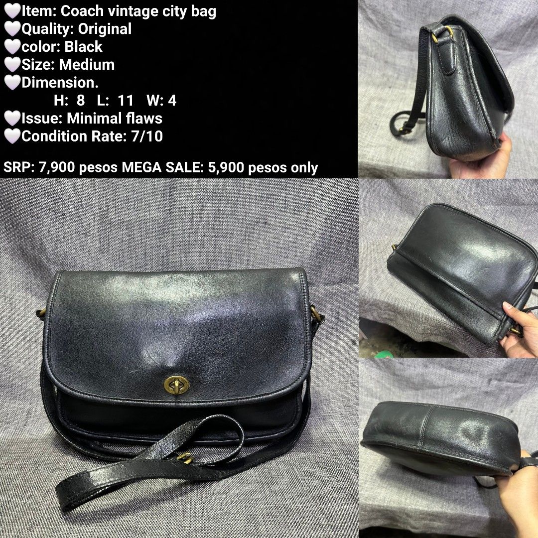 Coach Vintage City Bag - Black Medium (Category: Sling Bags) located in Manila. Submitted by almonddy26 (Listing ID 1457301217, Image 1). Description: - Authentic Vintage Coach City Bag - Color: Classic Black - Size: Medium (H: 8 inches, L: 11 inches, W: 4 inches) - Condition: 7/10 (minimal flaws, well-loved vintage piece) - Original Price: P7,900 - Mega Sale Price: P5,900 only!.