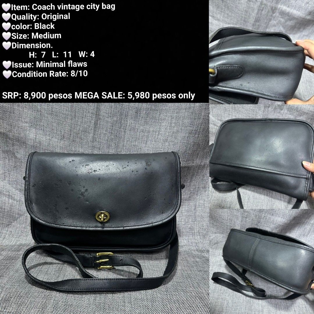 Coach Vintage City Bag Black Medium (Category: Sling Bags) located in Manila. Submitted by almonddy26 (Listing ID 1457308658, Image 1). Description: - Authentic Vintage Coach City Bag - Color: Black - Size: Medium - Dimensions: H: 7", L: 11", W: 4" - Condition: Good, with minimal flaws - Original SRP: ₱8,900 - MEGA SALE Price: ₱5,980.