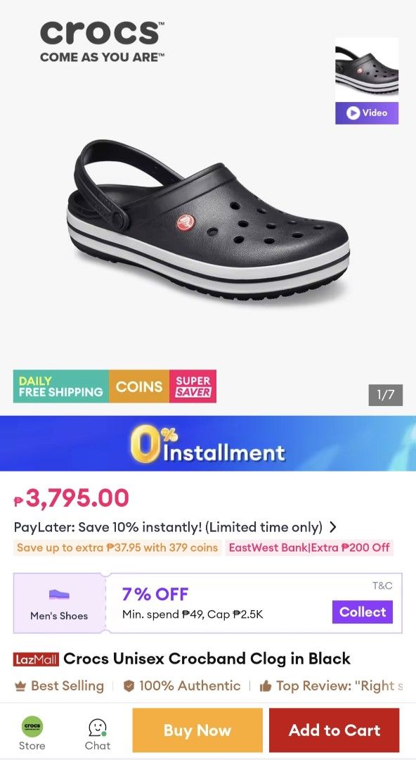 Crocs Crocband Clog in Black (Category: Slippers & Slides) located in Rosales. Submitted by georgiey0w (Listing ID 1457317379, Image 2). Description: -Original with tags and packaging from US. Included in the photos attached. -Below SRP. P3,795 on L@zada in Crocs' official store as of Aug. 24, 2026. -RFS: Padala, not my size and not a fan of crocs. 😅✌️ -Size: M 10 US -SF: C/o buyer.