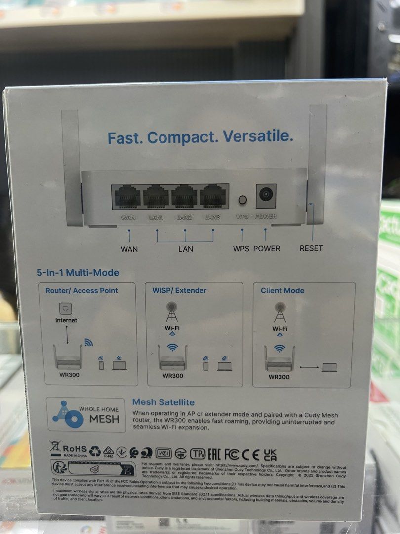 Cudy 300Mbps Wi-Fi Router (Category: Networking) located in Manila. Submitted by kyrenparts (Listing ID 1457190594, Image 2). Description: The Cudy WR300 N300 WiFi Router is an affordable 2.4 GHz single-band wireless router priced around ₱525 to ₱880. It delivers up to 300 Mbps Wi-Fi speeds, features four Fast Ethernet ports (1 WAN, 3 LAN), and covers roughly 90 square meters. It supports multiple operation modes including Router, Access Point, R
