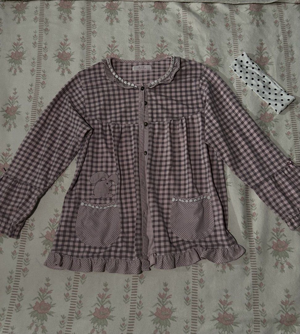 Cute Gingham Pajama Top with Ruffle Trim (Coquette) (Category: Undergarments & Loungewear) located in Manila. Submitted by chlo_0925 (Listing ID 1457322158, Image 1). Description: • Sweet pink and brown gingham pajama top • Cute ruffled collar and hem •Two front pockets with bow detail •Ideal for sleeping (comfy) or styling!!💗🪽.