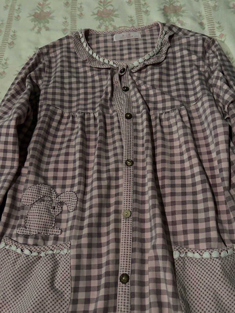 Cute Gingham Pajama Top with Ruffle Trim (Coquette) (Category: Undergarments & Loungewear) located in Manila. Submitted by chlo_0925 (Listing ID 1457322158, Image 3). Description: • Sweet pink and brown gingham pajama top • Cute ruffled collar and hem •Two front pockets with bow detail •Ideal for sleeping (comfy) or styling!!💗🪽.