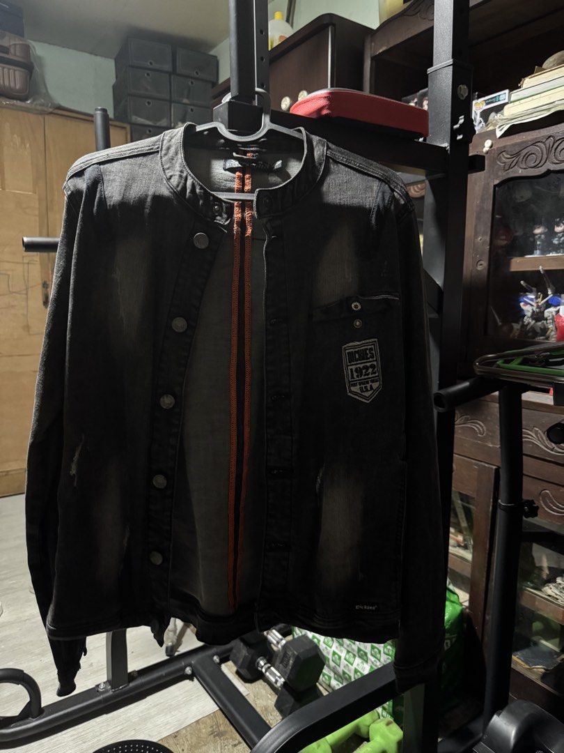 Dickies 1922 Denim Jacket - Black Wash (Category: Coats, Jackets and Outerwear) located in Manila. Submitted by loveleegrace (Listing ID 1457266877, Image 2). Description: - Dickies black wash denim jacket - Unique orange stripe detail down the front - Button closure - Two chest pockets - Distressed look - Size: L.