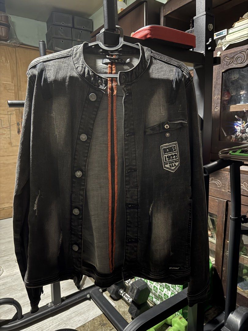 Dickies 1922 Denim Jacket - Black Wash (Category: Coats, Jackets and Outerwear) located in Manila. Submitted by loveleegrace (Listing ID 1457266877, Image 1). Description: - Dickies black wash denim jacket - Unique orange stripe detail down the front - Button closure - Two chest pockets - Distressed look - Size: L.