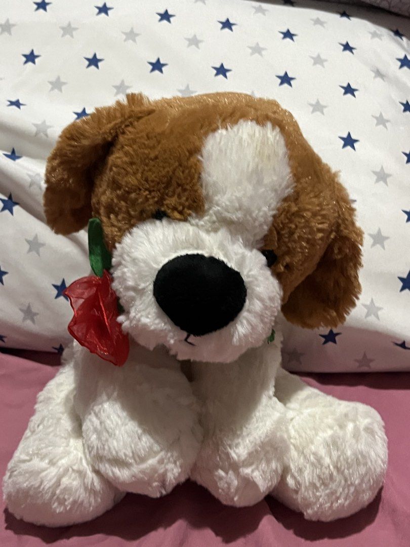 Dog stuffed toy w rose #d6 (Category: Plushies & Soft Toys) located in Paranaque City. Submitted by bonsaiart (Listing ID 1457274178, Image 1). Description: Pre owned Good condition 350(fixed) +sf Payment via paymaya/ gcash No to meetup No to cop / cod Shipping via j&t only No breaking of set or bundle.