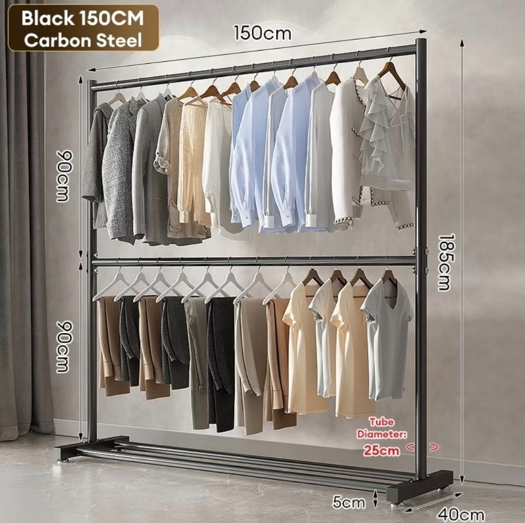 Double Layer Clothes Hanger Rack - 2pcs (Category: Clothes Drying Rack) located in Las Pinas. Submitted by concepcionrussel (Listing ID 1457320555, Image 3). Description: - Double layer clothes hanger rack - Dimensions: 150cm (L) x 40cm (W) x 185cm (H) - Perfect for organizing clothes in your bedroom - Price: Php 500 each.