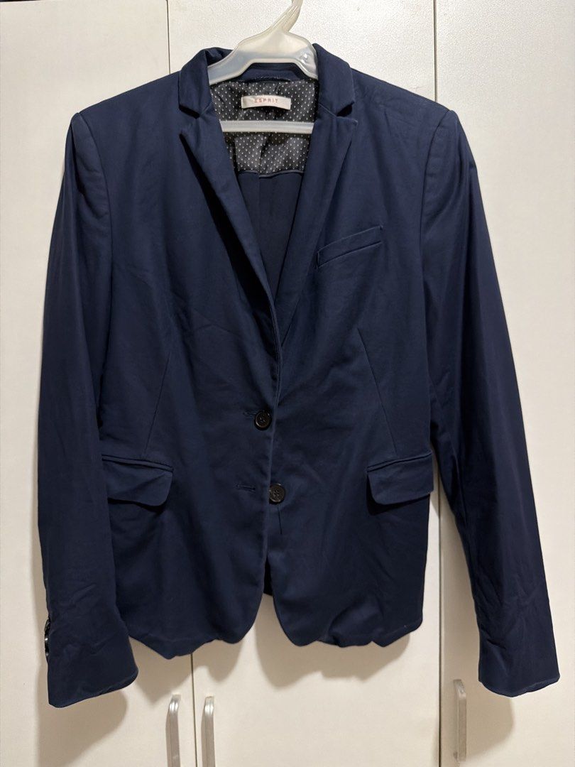 Esprit Navy Blue Two-Button Blazer (Category: Coats, Jackets and Outerwear) located in Mandaluyong City. Submitted by elleguh (Listing ID 1457243776, Image 1). Description: - Two-button front closure - Two flap pockets on the front - Inner lining - fits XS to S - needs a little steaming 😅.