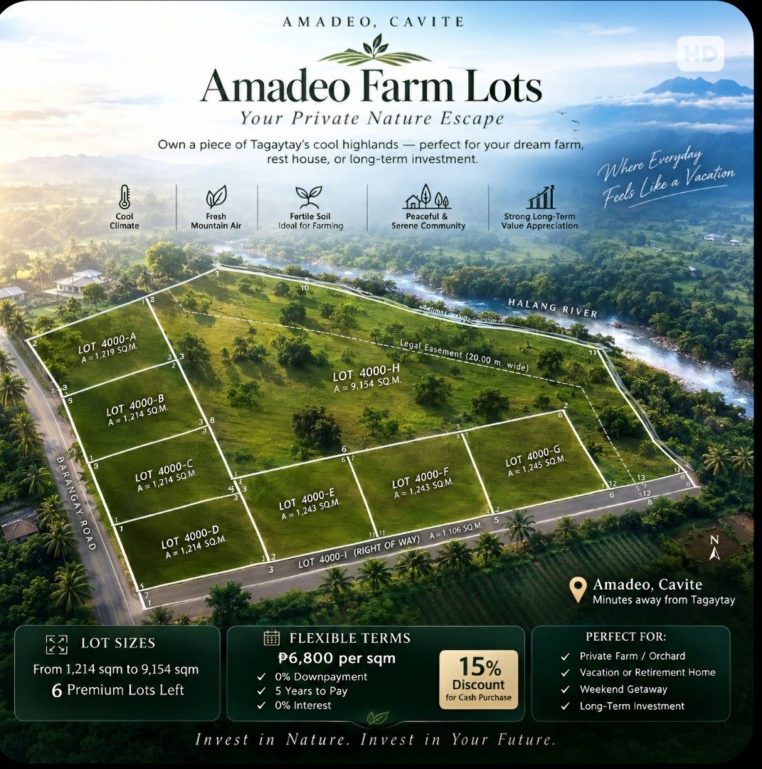Farm lot in Amadeo Cavite (Category: Lot) located in Binan City. Submitted by topline58 (Listing ID 1449468838, Image 1). Description: Own a Residential Farm Lot in Amadeo, Cavite – Just 10 mins from Tagaytay (with flexible terms available) 🌿 Enjoy a cool, quiet, and peaceful environment in one of the lowest crime rate towns in Cavite — perfect for rest homes, farming, or long-term investment. RESIDENTIAL FARM LOTS FOR SALE 📍 Brgy. Pangil, Amad
