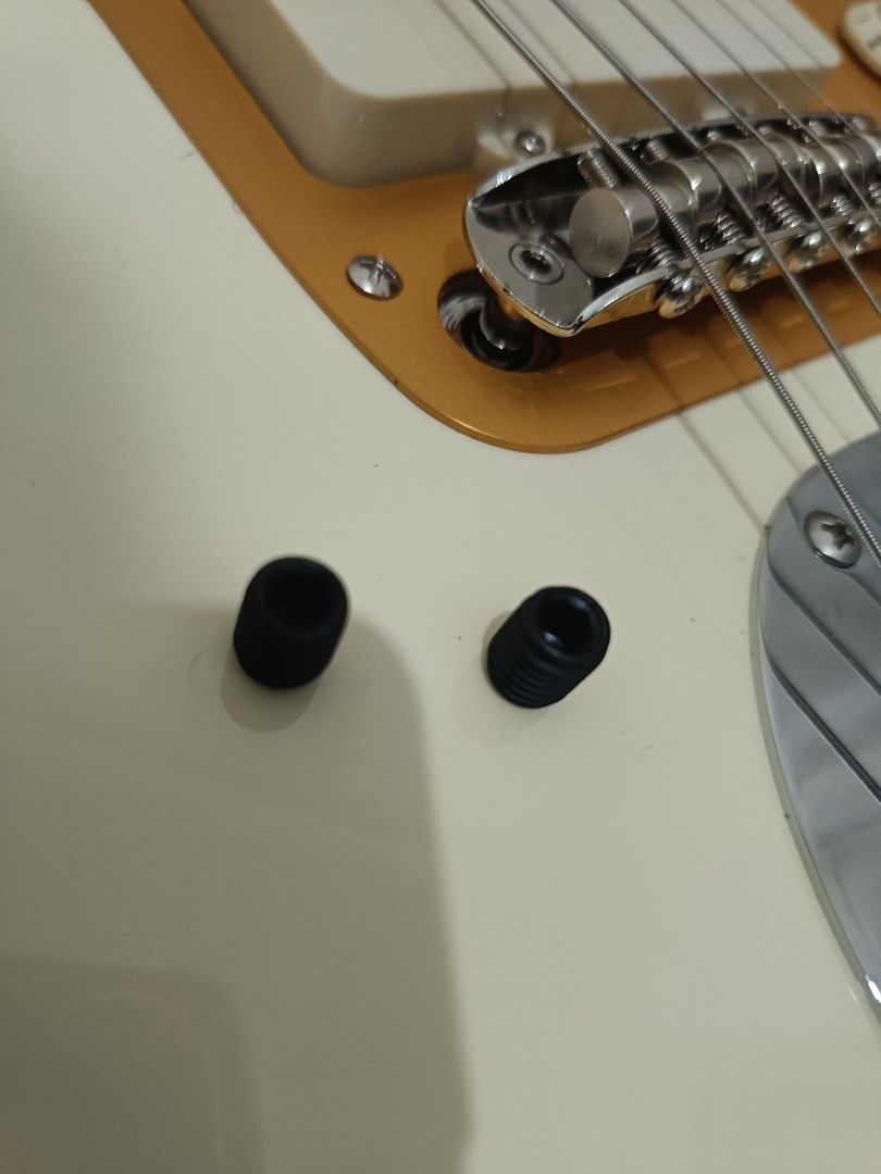 Fender Offset bridge + Tom conversion thimbles (Category: Musical Instruments) located in Kuching. Submitted by michealhardcore115 (Listing ID 1454876829, Image 2). Description: A TOM Mustang bridge conversion set Mustang offset bridge in 9.5 inch radius. A budget upgrade for offset guitars that needs saddles so that the strings dont pop out in heavy trem and strum playing. Drop in replacement for Mustang, Jaguar and Jazzmaster that has 9.5 inch 