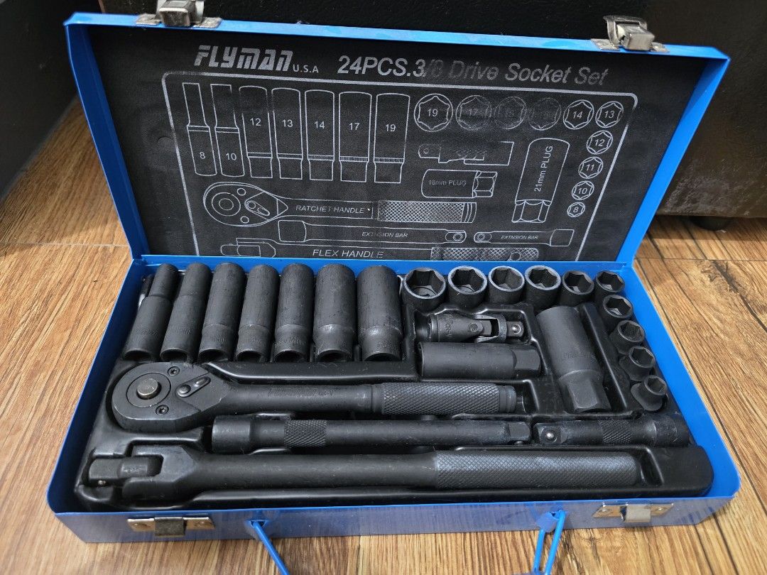FLYMAN U.S.A. 24-Piece 3/8 Drive Socket Set (Category: Construction Tools & Equipment) located in Silang. Submitted by karenanne.aya (Listing ID 1457172269, Image 1). Description: - FLYMAN U.S.A. 24-piece socket set - 3/8 drive size - Includes ratchet handle and extension bars - Assorted socket sizes included - Comes in a durable blue metal case - Ideal for various mechanical tasks RFS: Wrong purchase..