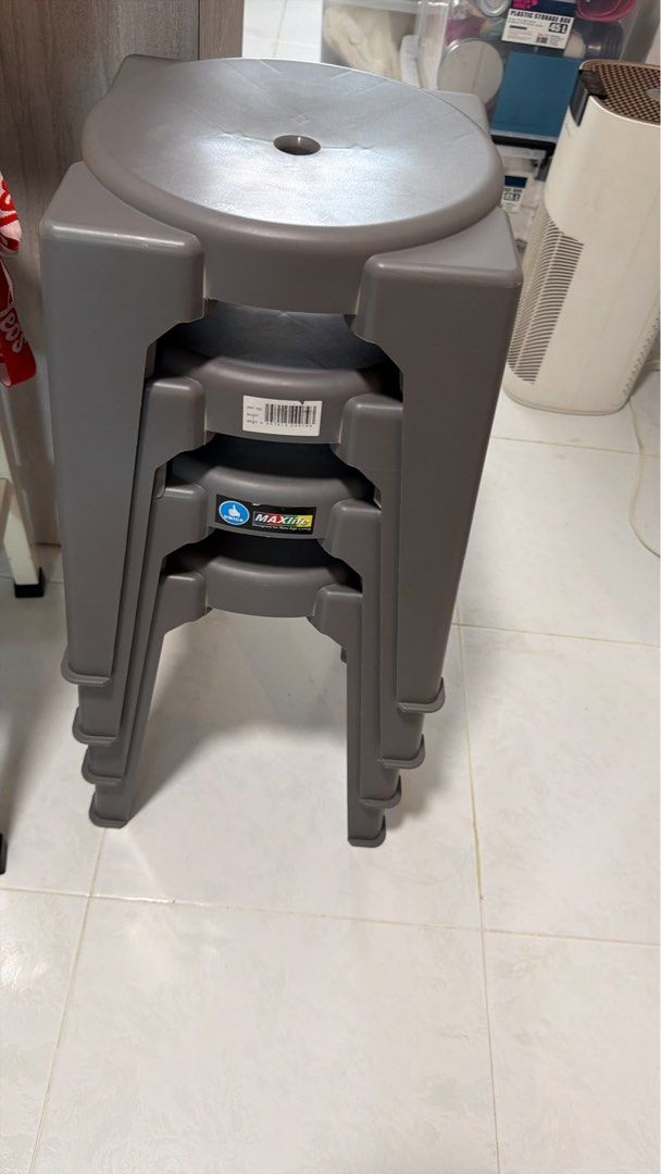 Foldable Table with Stackable Grey Stools (Category: Tables & Sets) located in Singapore. Submitted by jantee (Listing ID 1457249891, Image 3). Description: 🚚 Arrange your own delivery/Self pick-up - Round wood grain table 120cm - Sturdy black metal legs - Includes 4 stackable grey MAXIL stools - Versatile: Use for dining or as a workspace - Space-saving design, easy to store and move - Ideal for compact living areas.