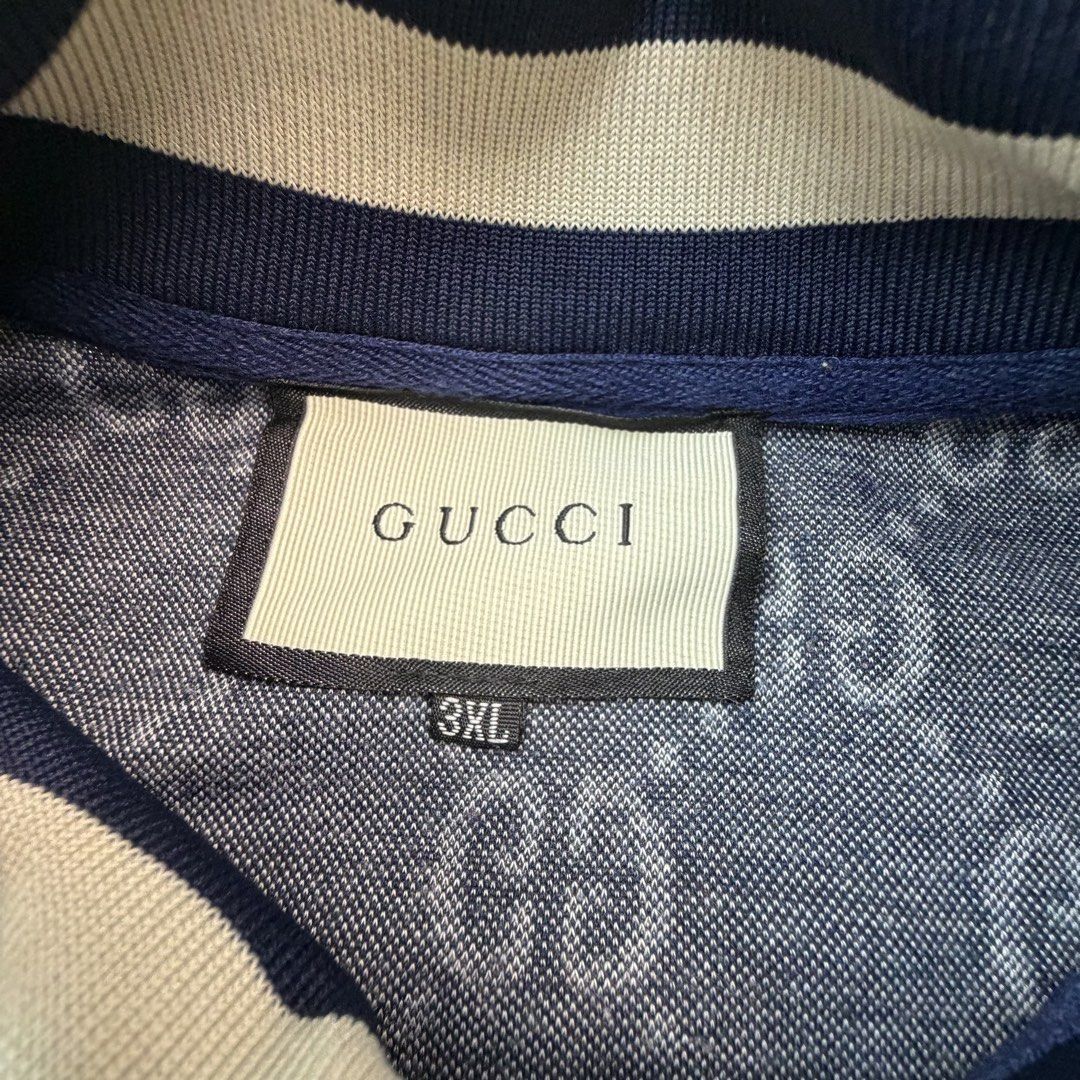Gucci GG Monogram Web Stripe Track Jacket Navy 3XL (Category: Luxury Apparel) located in San Juan City. Submitted by vc828 (Listing ID 1457244087, Image 2). Description: Gucci full-zip track jacket featuring an all-over interlocking GG monogram design in navy and cream with the signature red and cream Web stripe running down both sleeves. Statement piece with striped rib-knit stand collar, cuffs and hem, full front zip closure, and Gucci-engraved