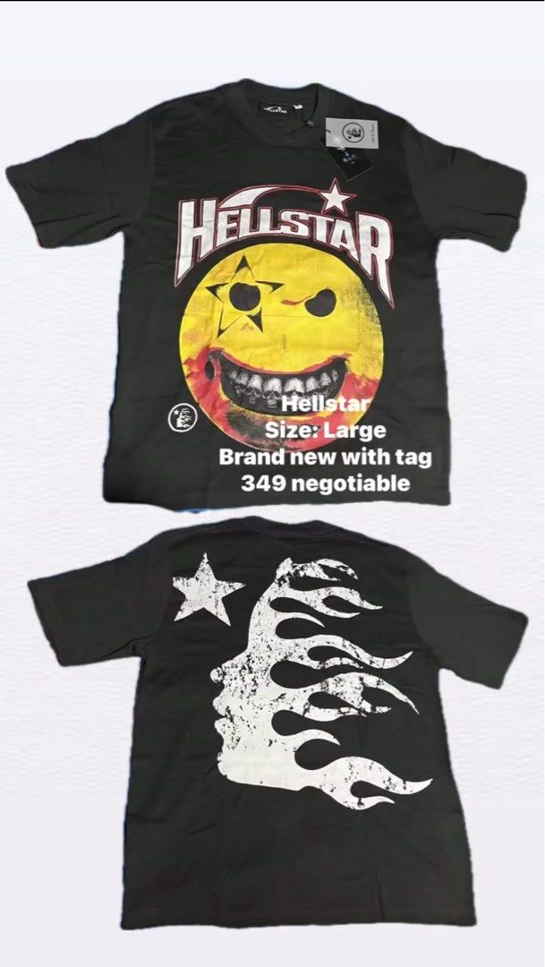 Hellstar T-shirt Size Large - Brand New (Category: Tshirts & Polo Shirts ) located in Manila. Submitted by kurtbasty_1234 (Listing ID 1457275672, Image 1). Description: - Brand: Hellstar - Color: Black - Size: Large - Design: Front graphic (smiley face with skull teeth), Back graphic (star with flames and face silhouette) - Condition: Brand new with original tag.