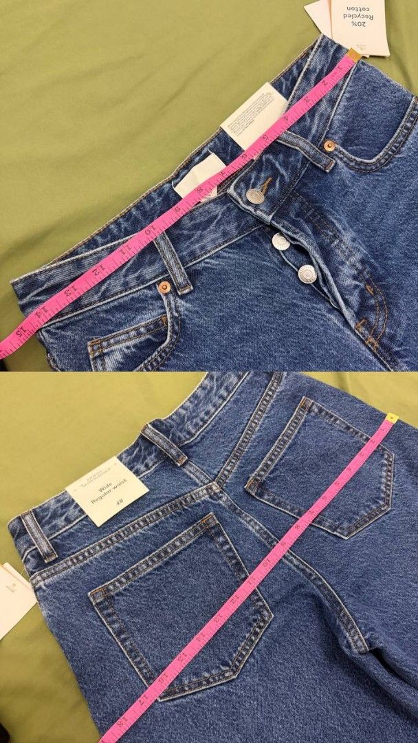 H&M Wide Regular Waist Denim Jeans (Category: Jeans) located in Caloocan City. Submitted by dianeee94 (Listing ID 1457298647, Image 3). Description: - Brand: H&M - Color: Blue Denim - Style: Wide Leg Jeans - Fit: Regular Waist - Closure: Button Fly - Pockets: 5-pocket design - Approximate Measurements: - Waist: 29-30 inches as shown in tape measure picture - Inseam: 79cm - Perfect for a casual and stylish look. Rfs: doesn't fit for me na, also ne