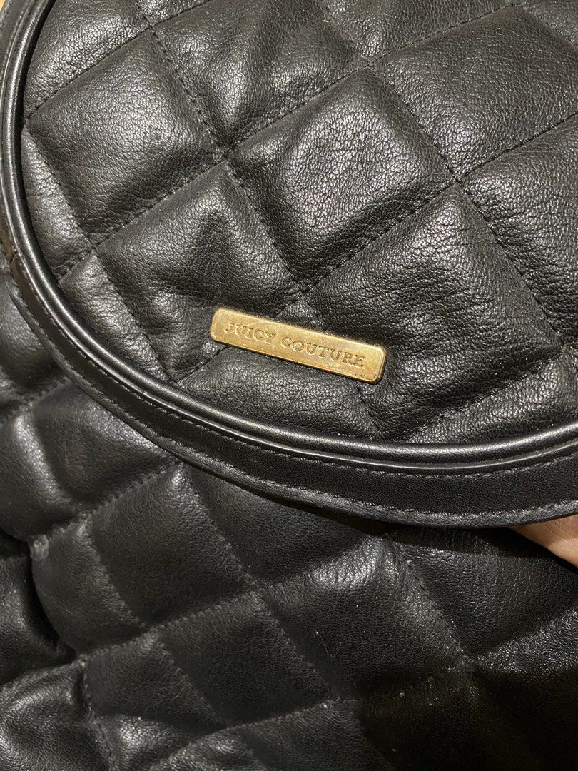 Juicy Couture backpack (Category: Backpacks) located in Cebu City. Submitted by patspickph (Listing ID 1457277852, Image 2). Description: This black quilted leather Juicy Couture backpack features a foldover flap with a gold-tone logo plaque and chain-threaded shoulder straps. Minimal sign of usage only bag in excellent condition👍👌.