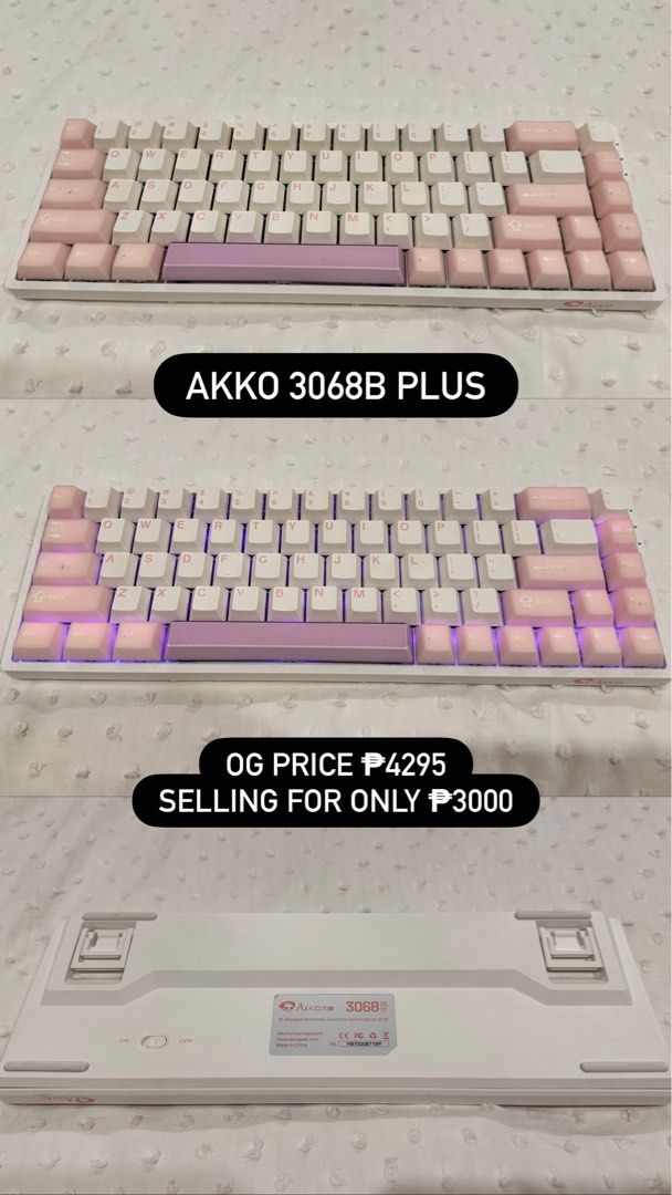 Keyboard - AKKO 3068b Plus (Category: Computer Keyboard) located in Makati City. Submitted by margaritas.closet (Listing ID 1457298013, Image 1). Description: No box but brand new RFS: not going to use it AKKO 3068B Plus Backlit Keyboard Bluetooth No Issues NO SWAPS.