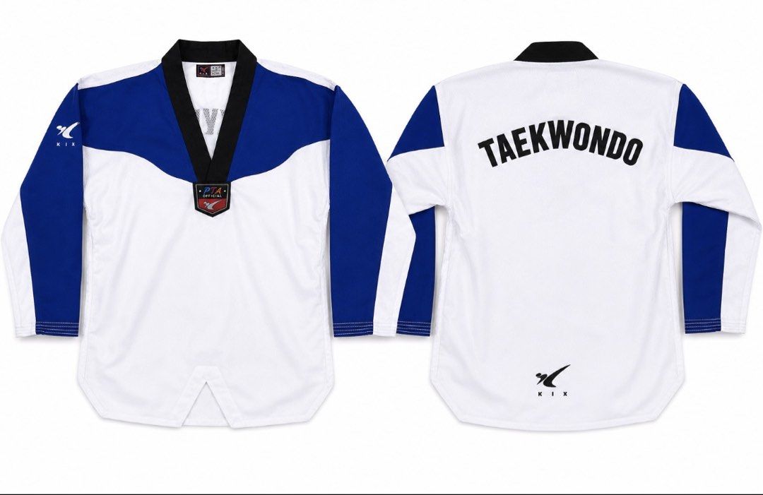 KIX Taekwondo Uniform Dobok White Blue (Category: Combat Sports) located in Manila. Submitted by velasquezsam (Listing ID 1457201739, Image 1). Description: - White and blue Taekwondo uniform - Features the KIX logo - Includes top and pants - Comfortable and durable material - Ideal for kids' training and competitions Size 6 No discoloration No issue Like new Used once Original Kix.