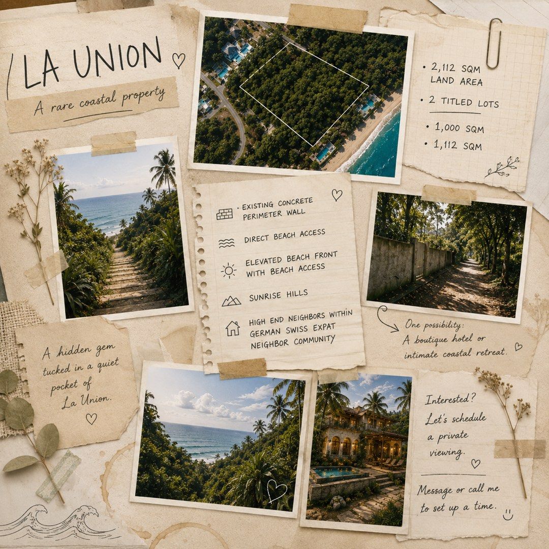 La Union Coastal Property (Category: Lot) located in Manila. Submitted by propertystudio.co (Listing ID 1457327021, Image 1). Description: A rare 2,112 sqm coastal property in La Union, composed of two titled lots measuring approximately 1,000 sqm and 1,112 sqm. The property has an existing concrete perimeter wall, a private and naturally green setting, and direct access to the beach. Set within the Sunrise Hills area, the property is surrounded 