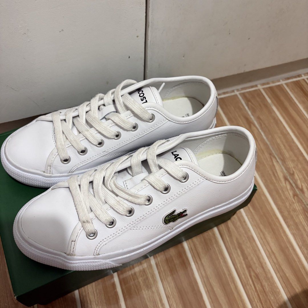 LACOSTE BACKCOURT WHITE LEATHER SNEAKERS (Category: Sneakers) located in Manila. Submitted by matchafund____ (Listing ID 1457168099, Image 3). Description: selling low swear used twice only! bought for ₱5,950 rfs this is an extra pair, decluttering msg me for worn photos pls buy this na negotiable! with paper bag .