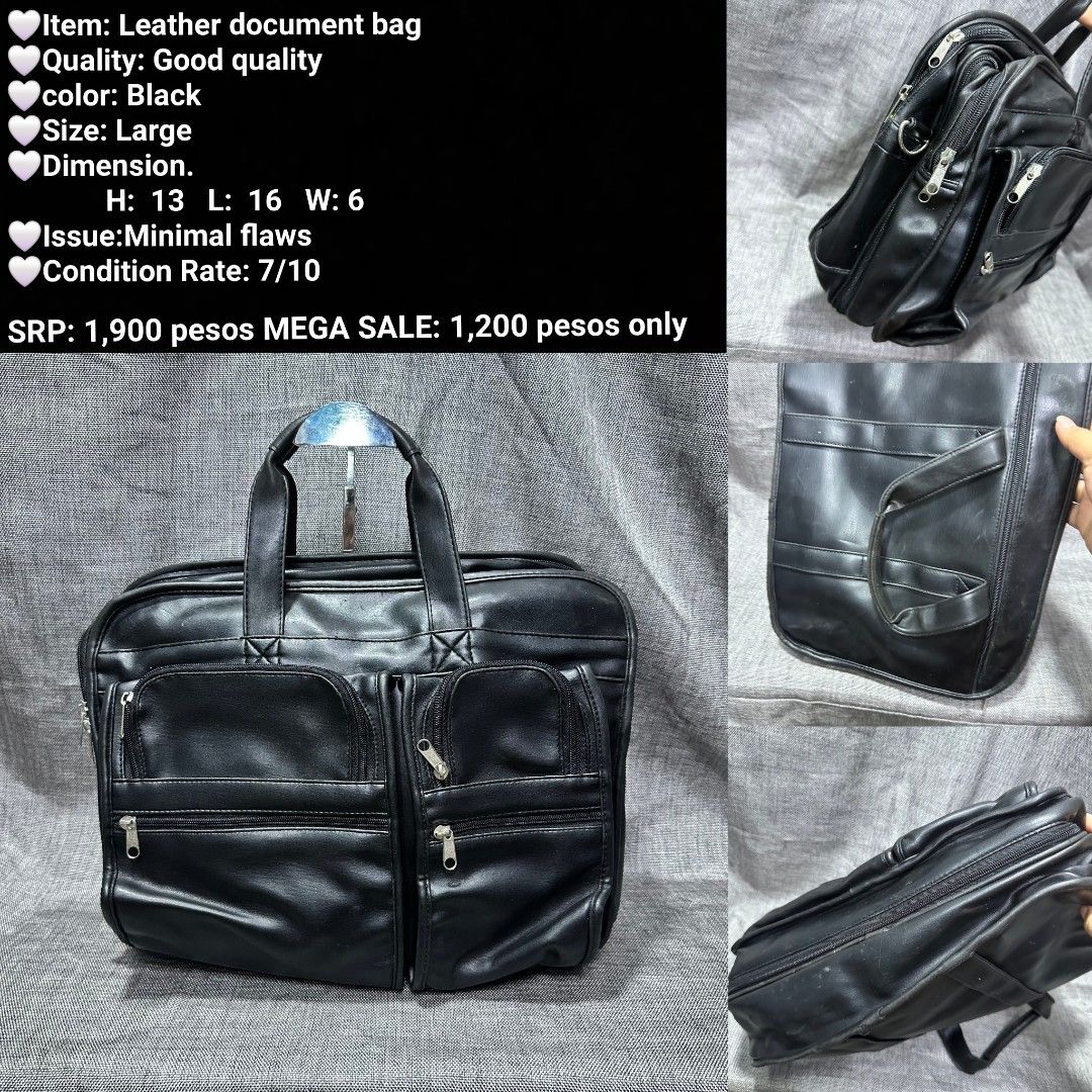 Large Black Leather Document Bag - Good Quality (Category: Briefcases) located in Manila. Submitted by almonddy26 (Listing ID 1457308792, Image 1). Description: - Large black leather document bag - Good quality material - Dimensions: H: 13 inches, L: 16 inches, W: 6 inches - Condition: 7/10 (minimal flaws) - MEGA SALE price: 1,200 pesos (Original price: 1,900 pesos).