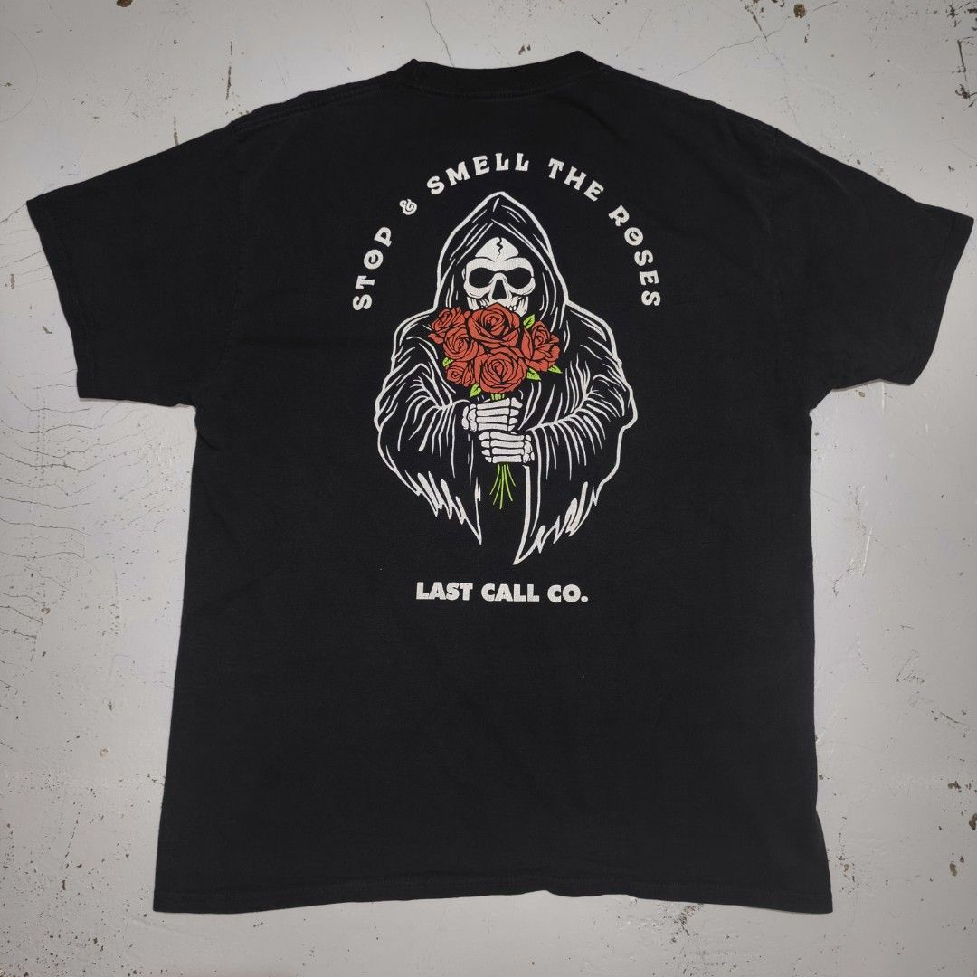 Last Call Co. Black Graphic Tee Grim Reaper (Category: Tshirts & Polo Shirts ) located in Valencia. Submitted by ajax.arrow (Listing ID 1457255811, Image 1). Description: 22" W x 30" L.