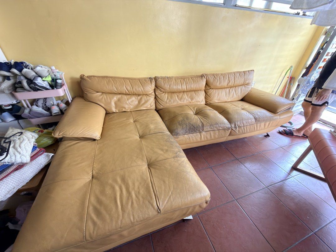 L-shaped Leather Sofa - Light Brown (Category: Sofas) located in Las Pinas. Submitted by zz_preloved_ (Listing ID 1457204746, Image 2). Description: - mustard L-shaped leather sofa (COW leather) - Still has plenty of life left - Good Foam - Ideal for larger living spaces - Pick up only/Delivery Bought at 150k .