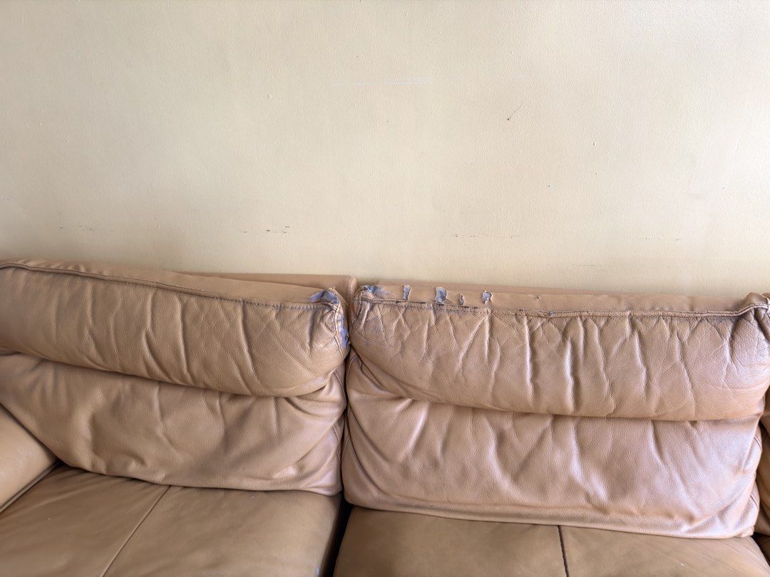 L-shaped Leather Sofa - Light Brown (Category: Sofas) located in Las Pinas. Submitted by zz_preloved_ (Listing ID 1457204746, Image 3). Description: - mustard L-shaped leather sofa (COW leather) - Still has plenty of life left - Good Foam - Ideal for larger living spaces - Pick up only/Delivery Bought at 150k .