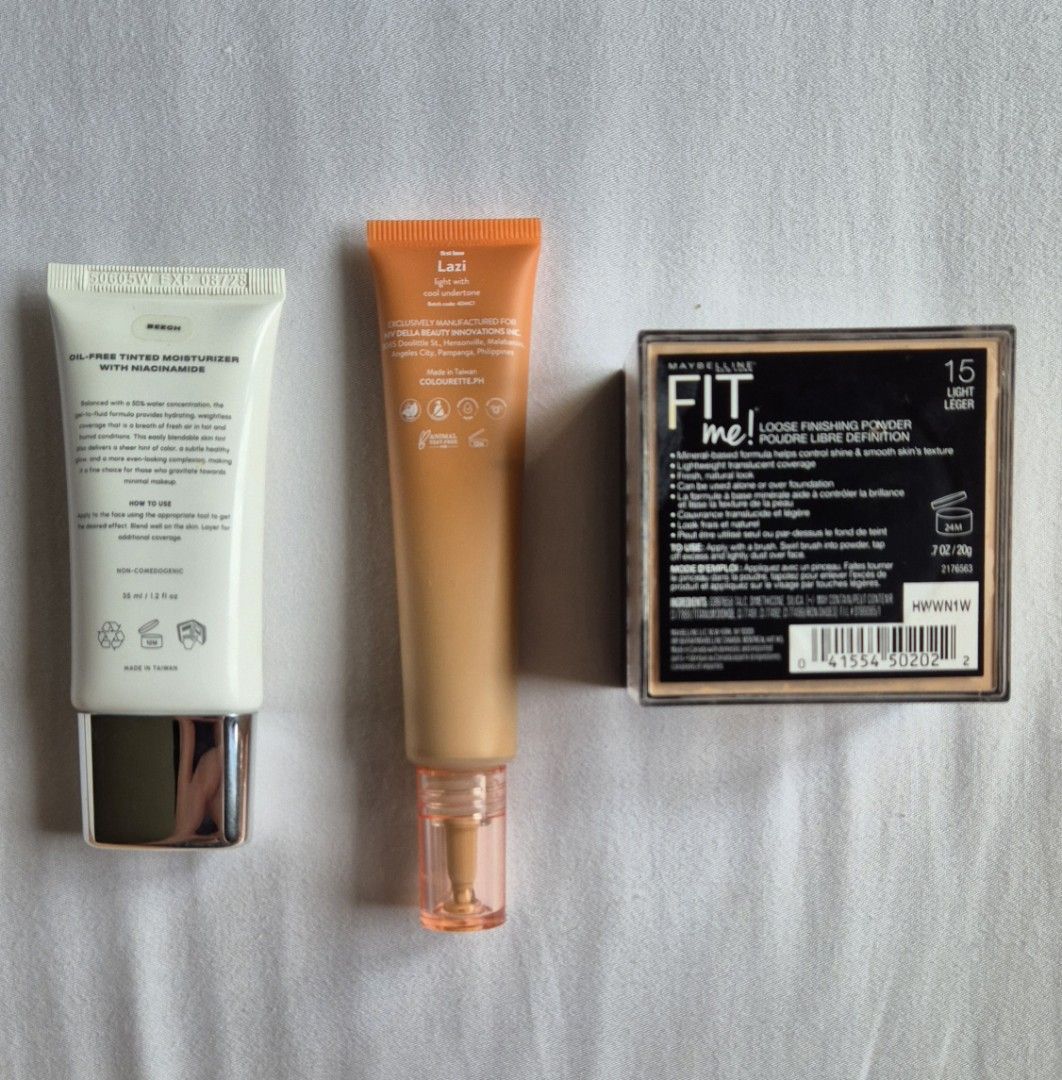 Makeup Bundle (Category: Makeup) located in Malabon City. Submitted by wwhj1204 (Listing ID 1457169772, Image 2). Description: Issy Active Skin tint - Beech - Php 200 *used twice *not my shade *purchased online/no box Colourette Skin tint - Lazi - Php 200 *used once *not my shade *purchased in store/no box Maybelline Loose Powder - Light - Php 300 *not my shade *purchased in the US/no box.